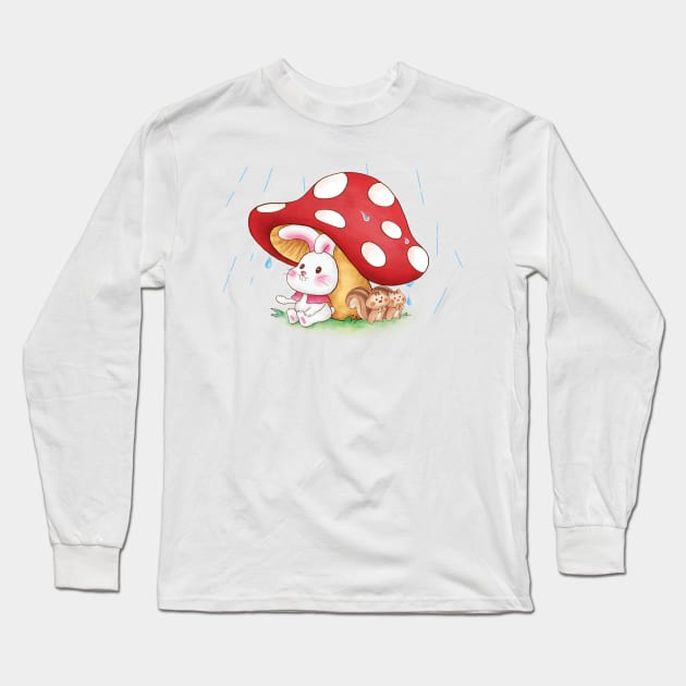 Cute Rabbit and Squirrels on a Rainy day Long Sleeve T-Shirt by Anicue